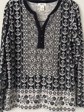 Style & Co. Black and White Long-Sleeve Printed Henley